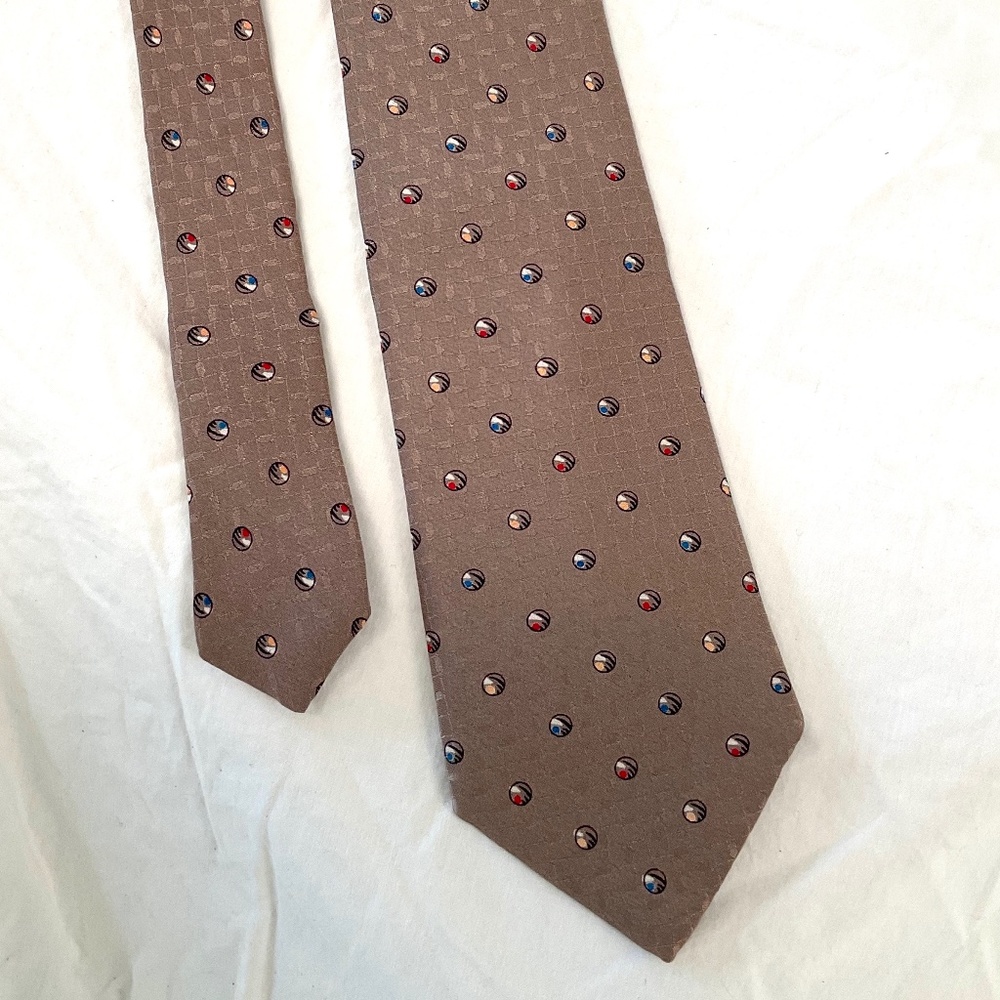 Lanvin VNTG Polka Dot Silk Skinny Tie - Taupe with Red, Yellow, Blue Detail